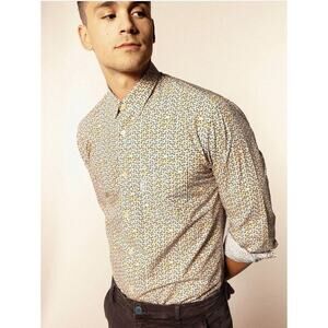 NEW SERGE BLANCO blue Chemise Machnes Ochre Button Down 2XL